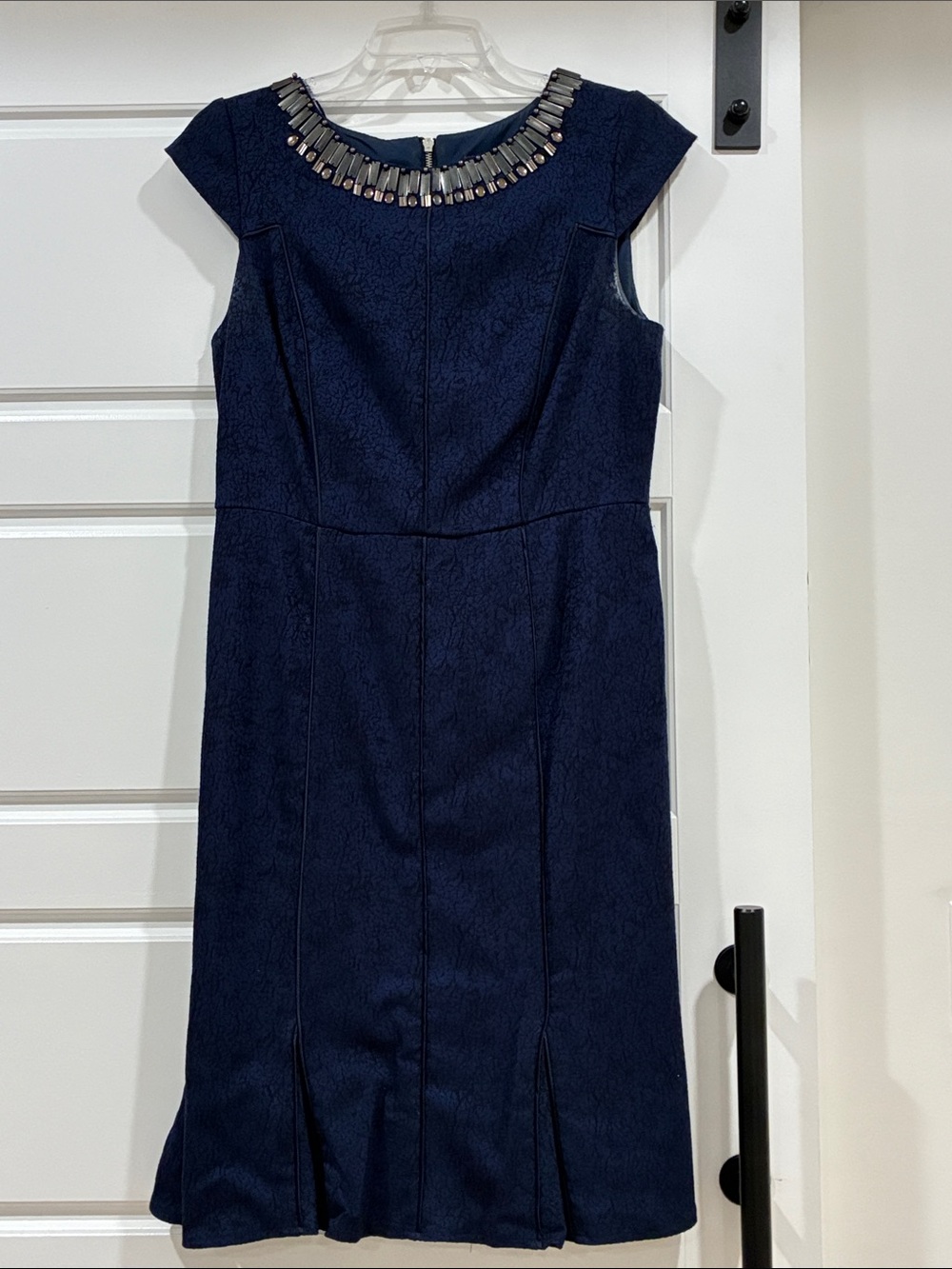 Adrianna Papell Navy Cap-Sleeve Jeweled Neck Sheath Dress